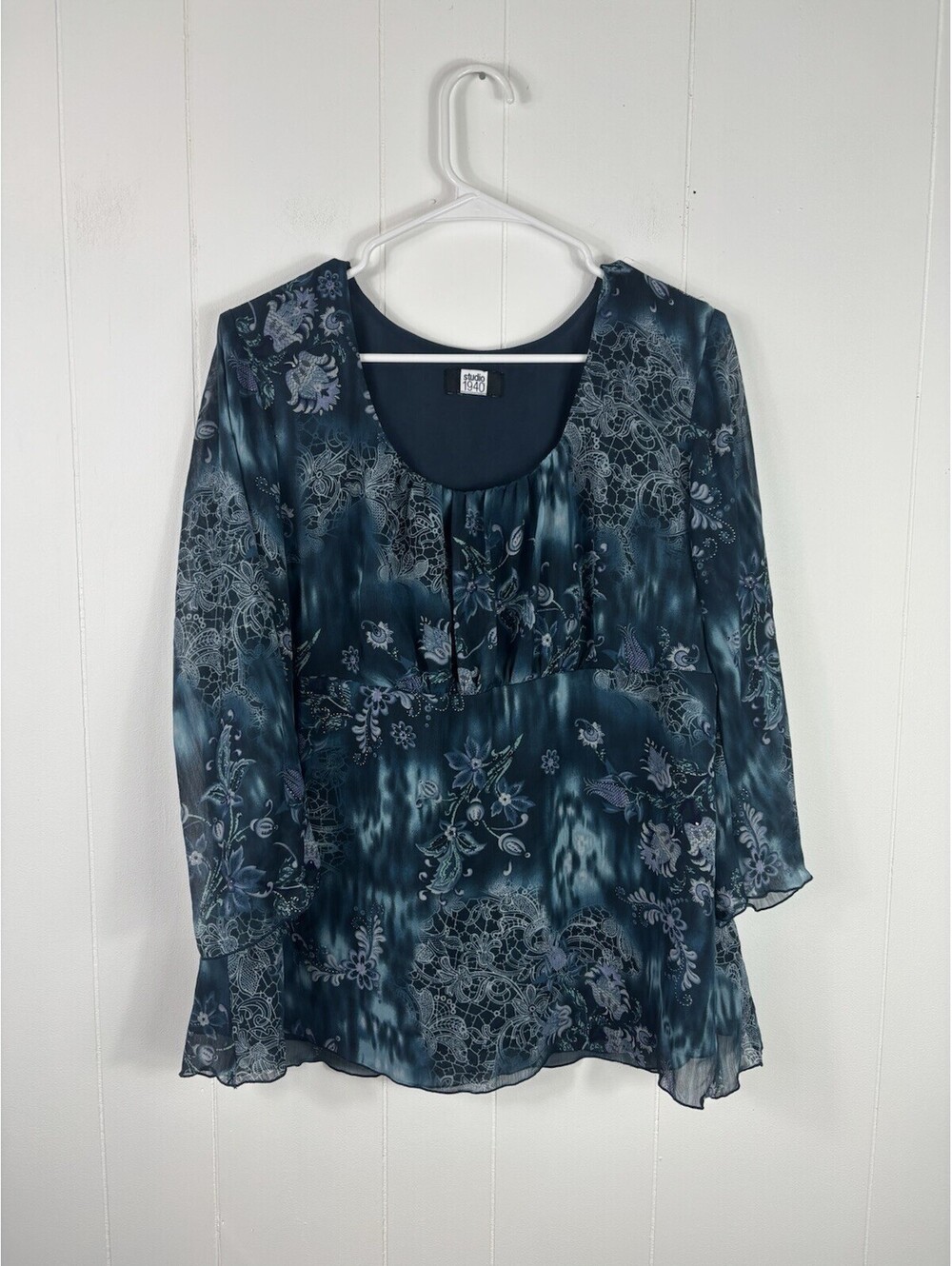 Studio 1940 Blue Floral Flowy Blouse Fairy Feminine 1X Witchy Dark Romantic goth